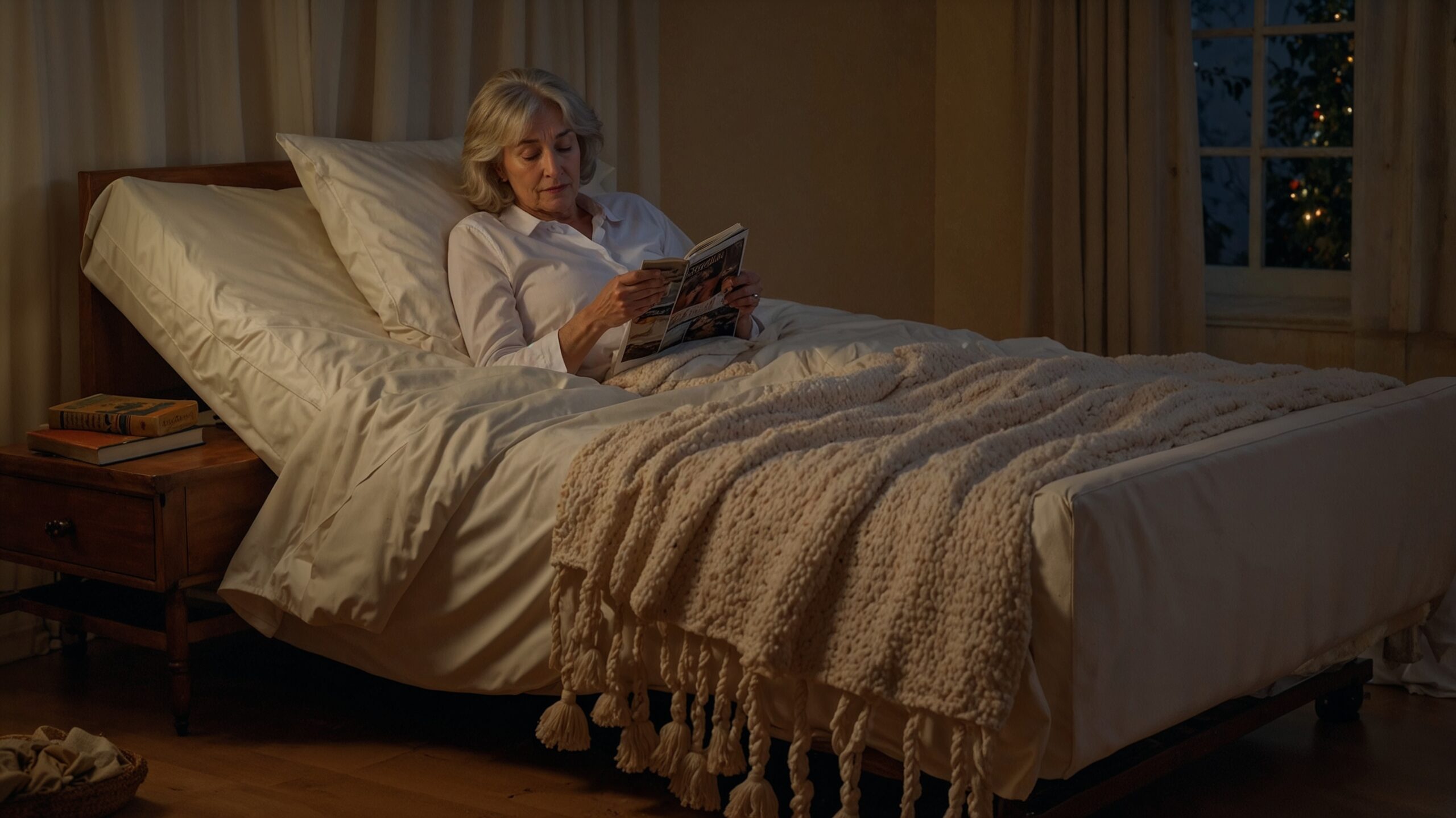Older woman reads a magazine in an adjustable bed in a softly lit, cozy bedroom before sleep