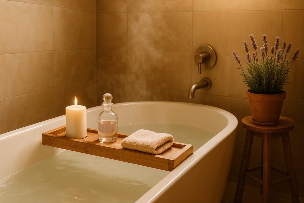 Steaming bathtub with lavender, candle, and essential oil bottle in a cozy bathroom.