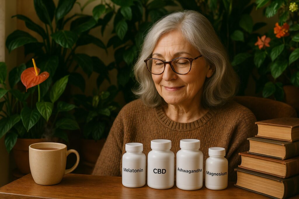 Senior woman with silver hair and glasses, wearing a brown sweater, sitting at a wooden table with supplement bottles labeled Melatonin, CBD, Ashwagandha, and Magnesium, alongside a mug and stacked books. Lush green plants are in the background.