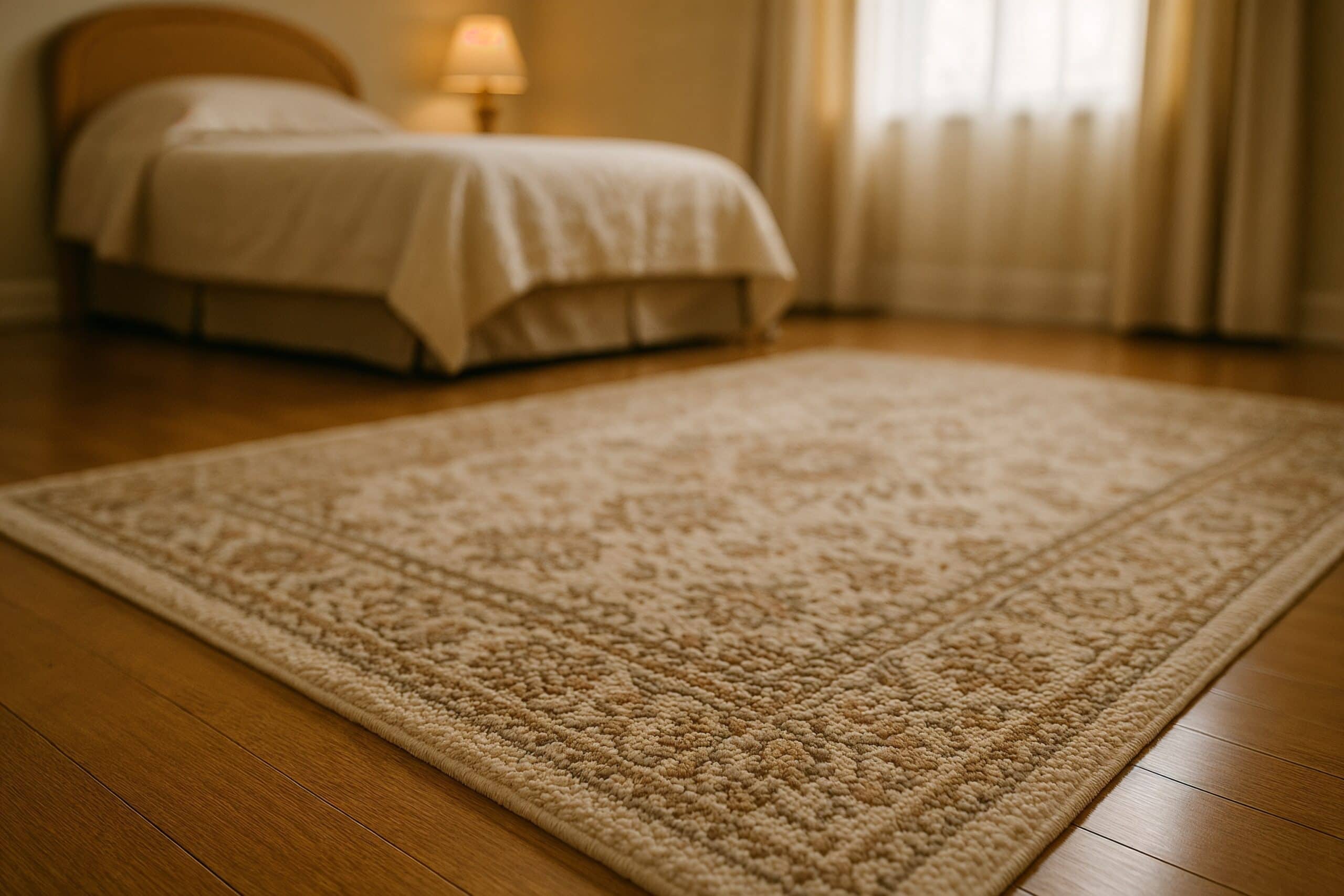 Rug secured with carpet tape for senior safety