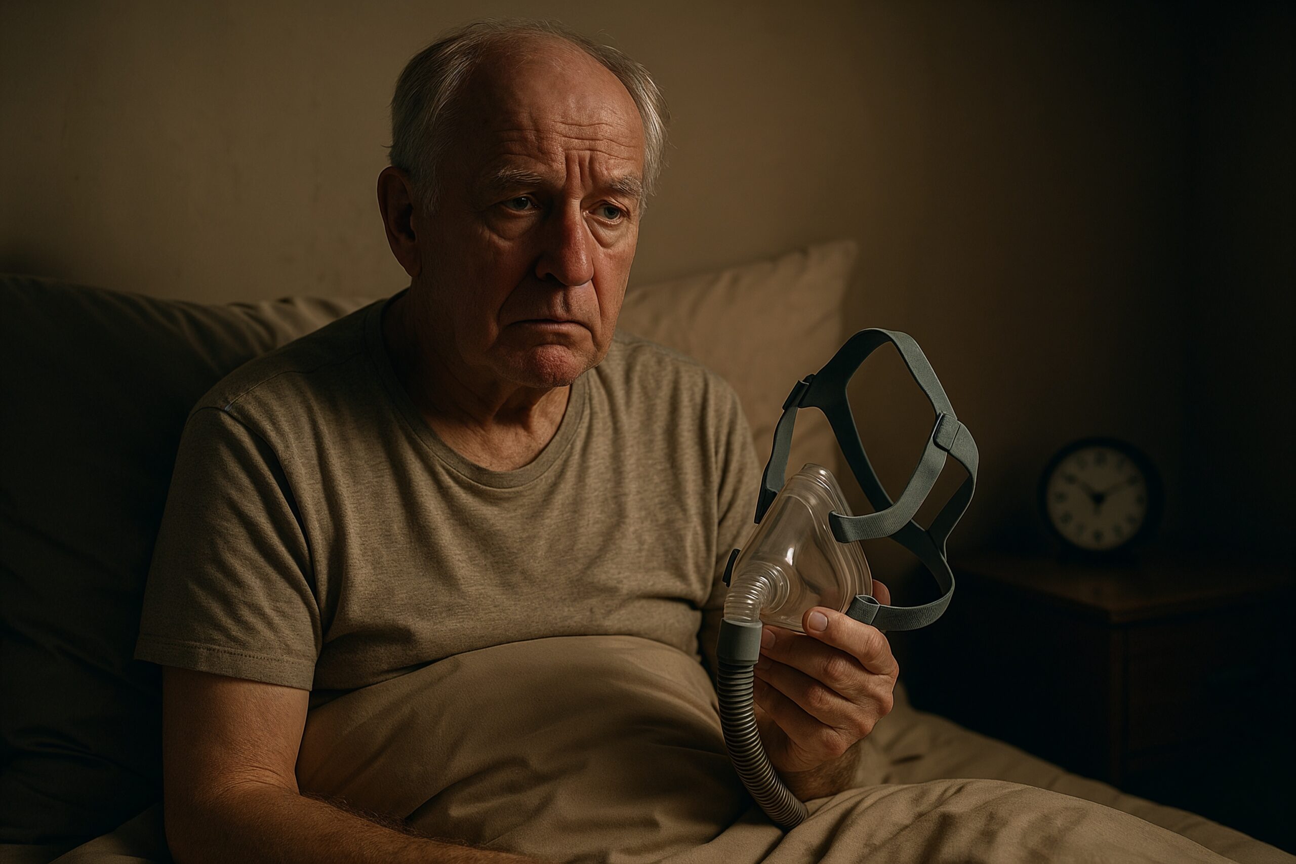 Elderly man sitting on bed holding CPAP mask, looking tired and unsure