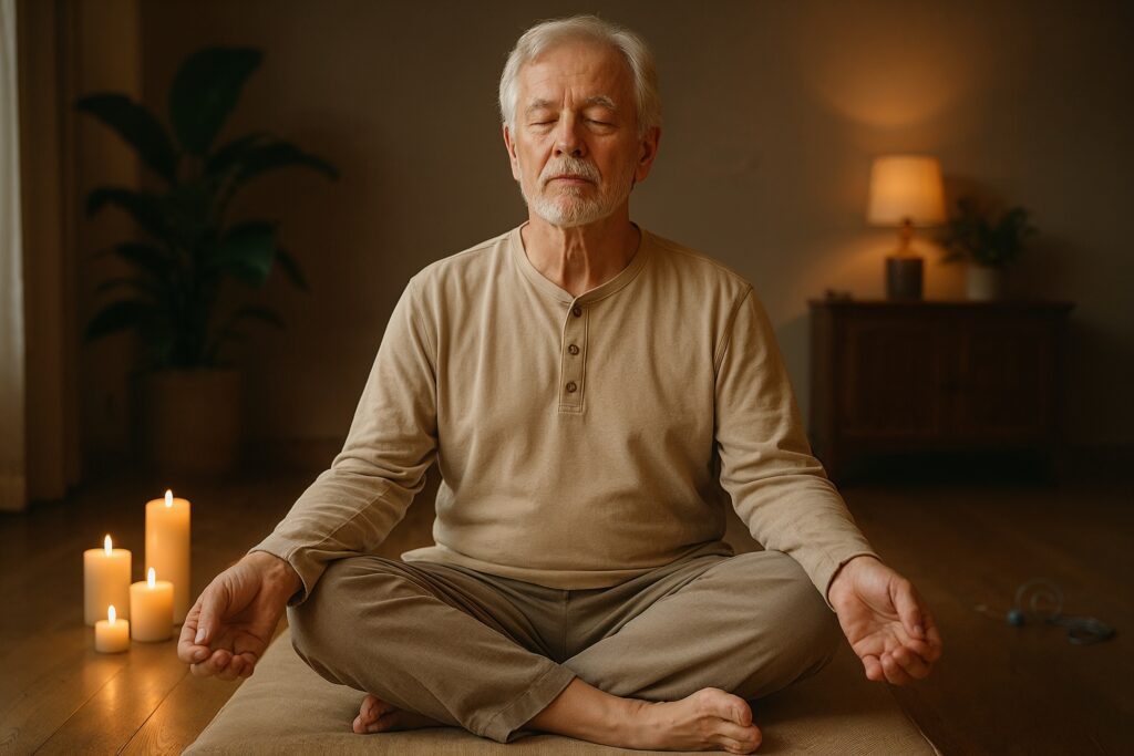Older man meditating cross-legged on a mat in a softly lit room with candles