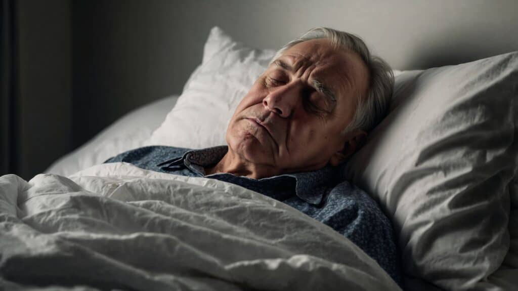Older man lies in bed with eyes closed, his face tense as he struggles to sleep