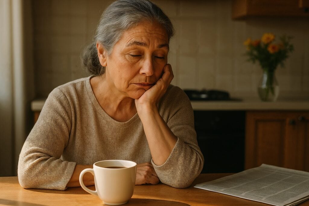 Older woman nodding off at the kitchen table with a cup of coffee and a newspaper