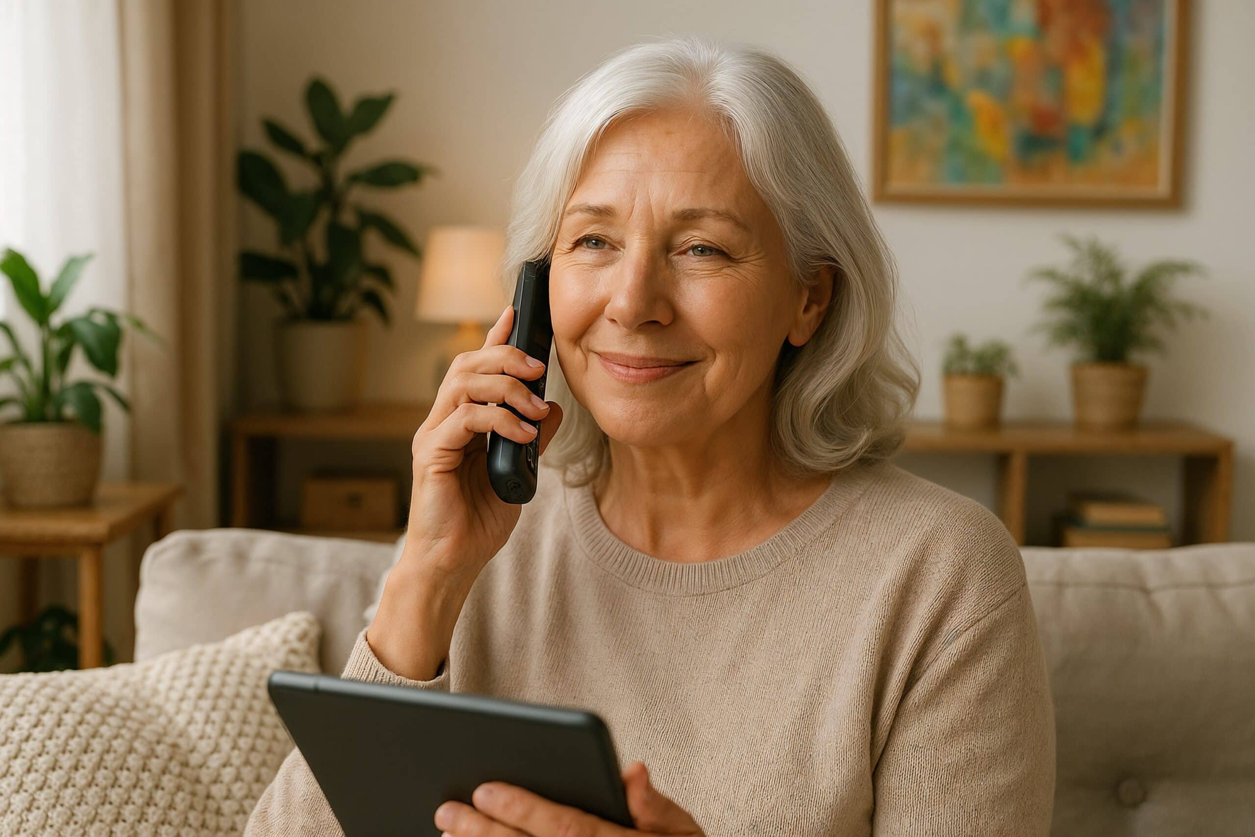 Older woman with silver hair smiling while talking on the phone and holding a tablet, symbolizing mental health support resources for seniors