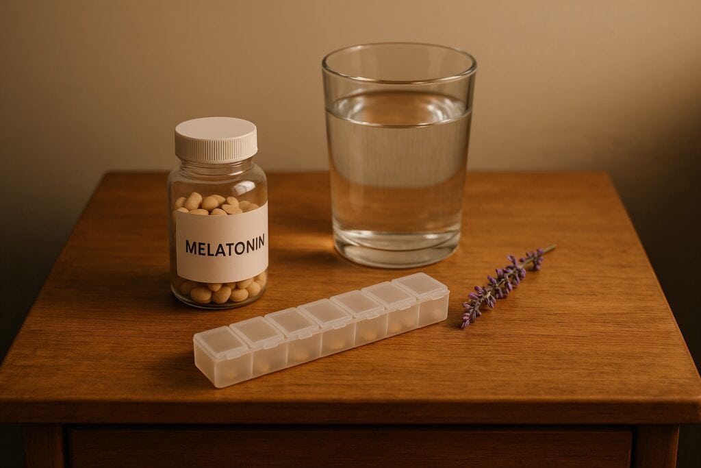 Melatonin bottle, glass of water, pill organizer, and lavender sprig on a wooden surface. A good natural sleep aid for seniors.