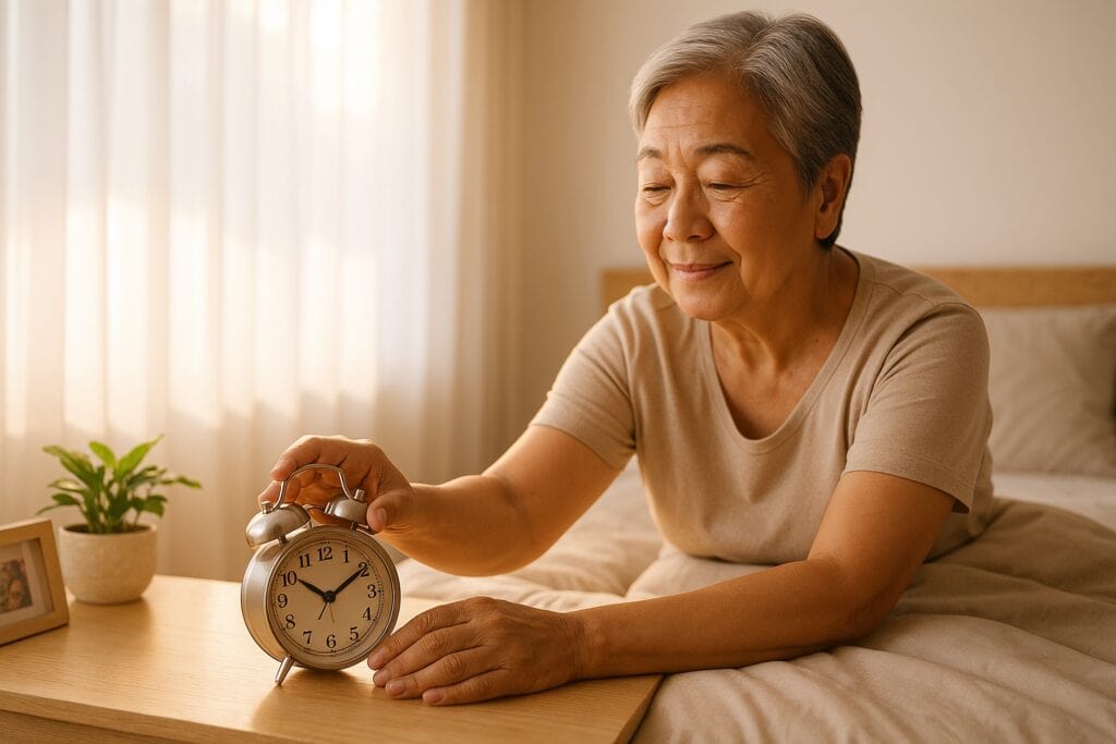 Older woman setting an alarm clock as part of a calming bedtime routine for seniors, promoting a consistent sleep schedule.