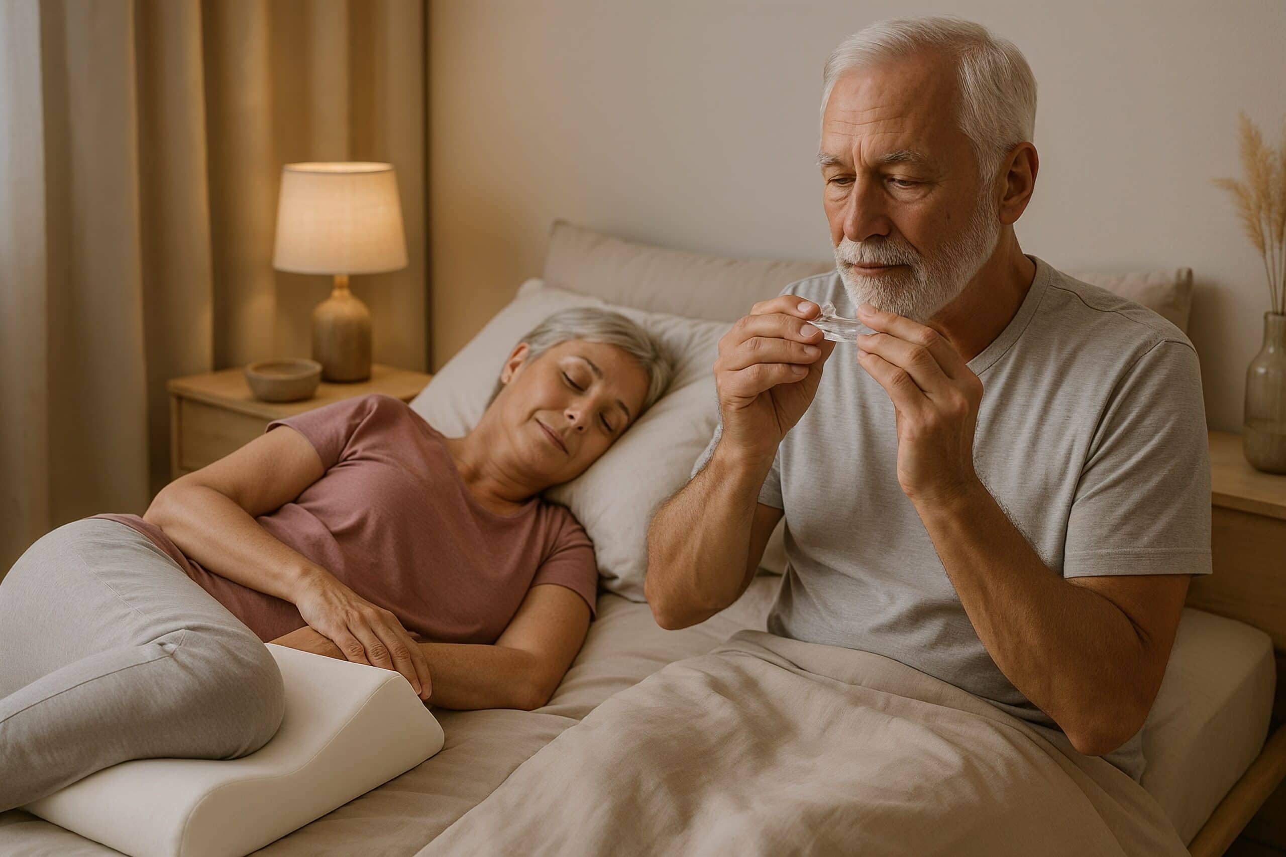 Older couple in bed, man preparing to use an oral sleep device while woman rests peacefully