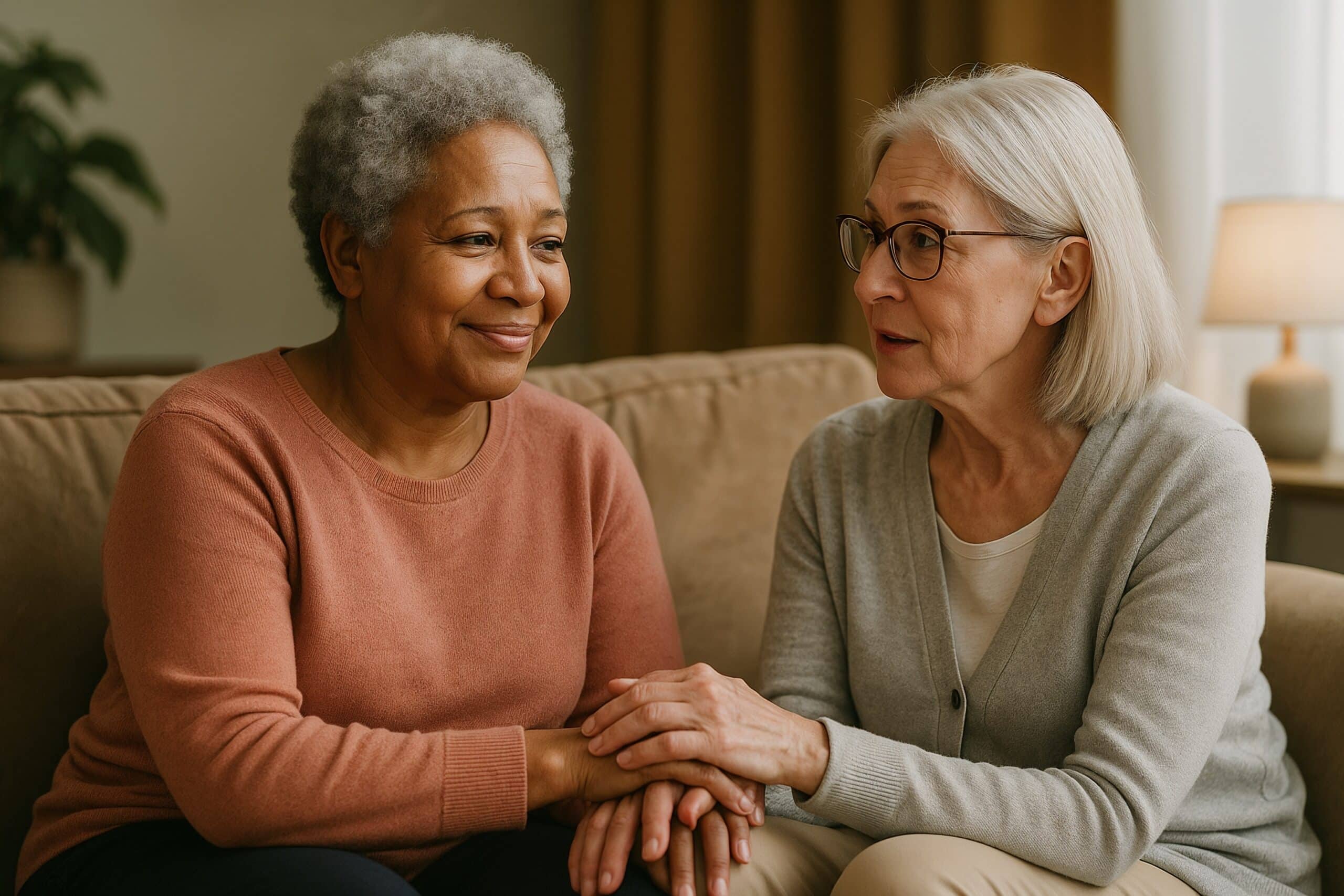 Two older women offering each other emotional support on a sofa, representing social connection and mental health in seniors