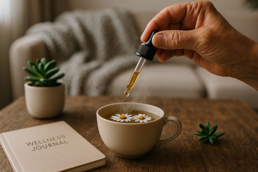 A senior’s hand holds a dropper of CBD oil over a cup of herbal tea on a wooden table, with a wellness journal and potted succulent nearby.