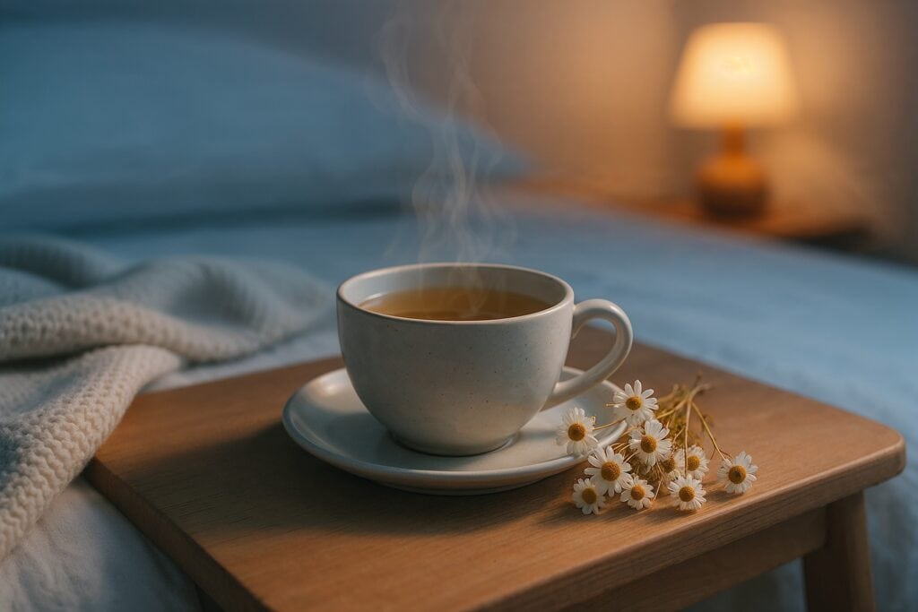 Steaming cup of chamomile tea on a bedside table with fresh chamomile flowers.