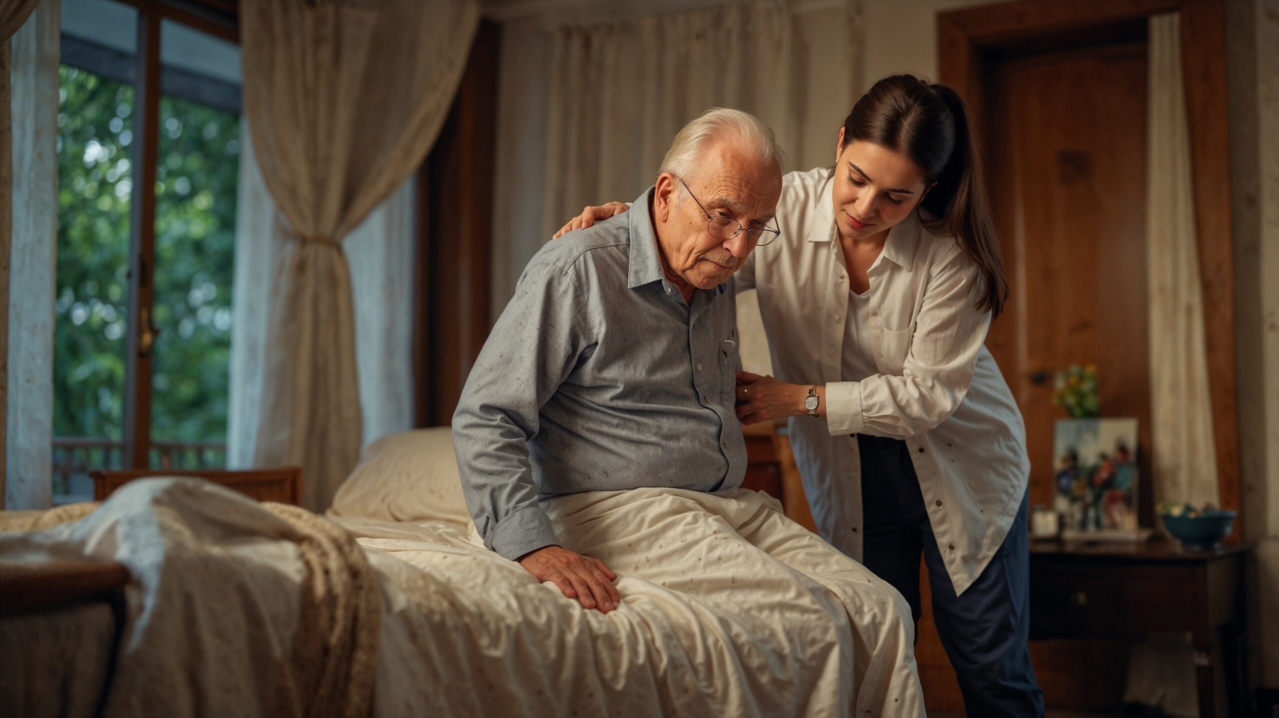 Female caregiver supports an older man with dementia sitting on the edge of his bed in a softly lit bedroom