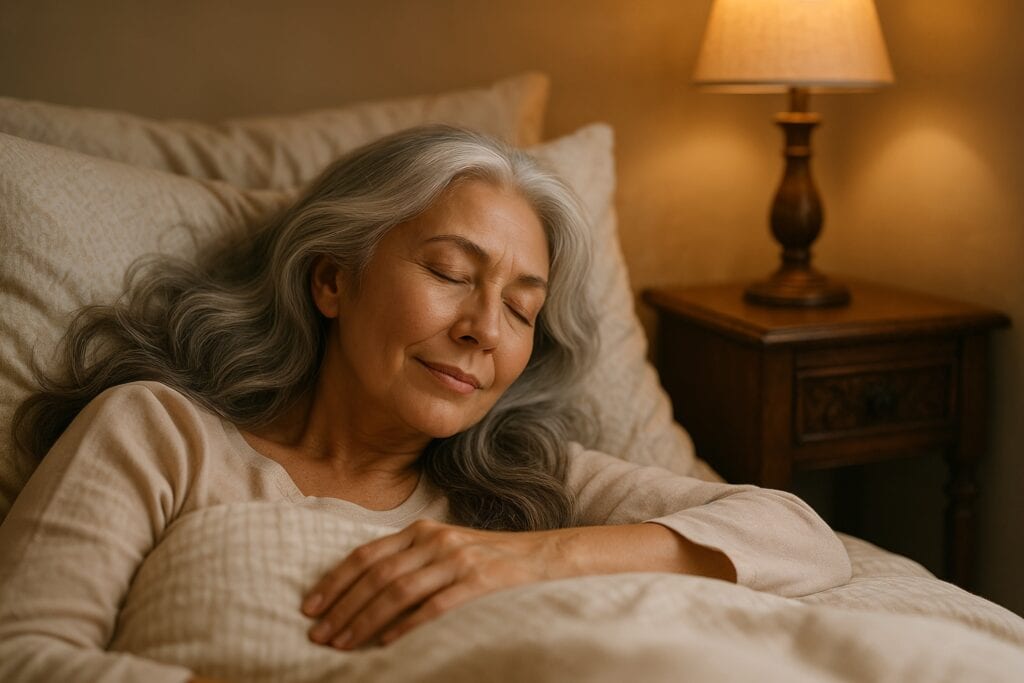 Older woman with silver-gray hair sleeping peacefully in bed with warm lighting and cozy bedding.