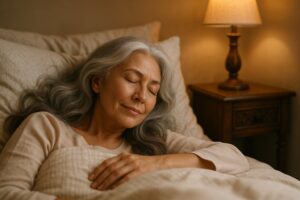 Older woman with silver-gray hair sleeping peacefully in bed with warm lighting and cozy bedding.