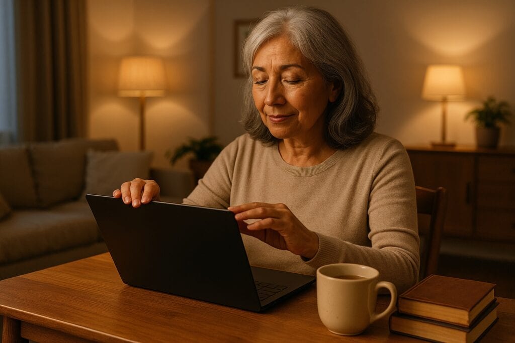 Senior woman closing her laptop in the evening as part of a calming bedtime routine for seniors, creating screen-free time before bed.