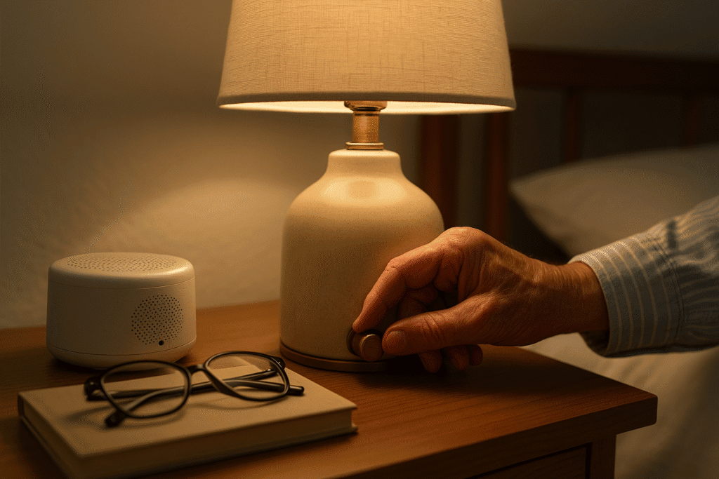 Older adult hand turning a brass lamp dimmer beside a small white noise machine, book, and glasses on a wooden nightstand.