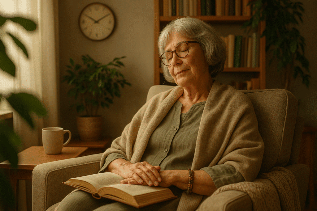 Older woman with silver-gray hair and tortoiseshell glasses resting in a sunlit armchair, hands on a closed book.