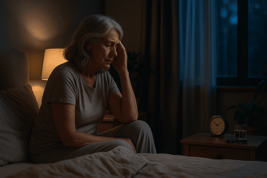 Older woman awake at 3:15 a.m., sitting on the edge of her bed with a hand to her temple, bedside lamp on, alarm clock and glass of water on the nightstand.