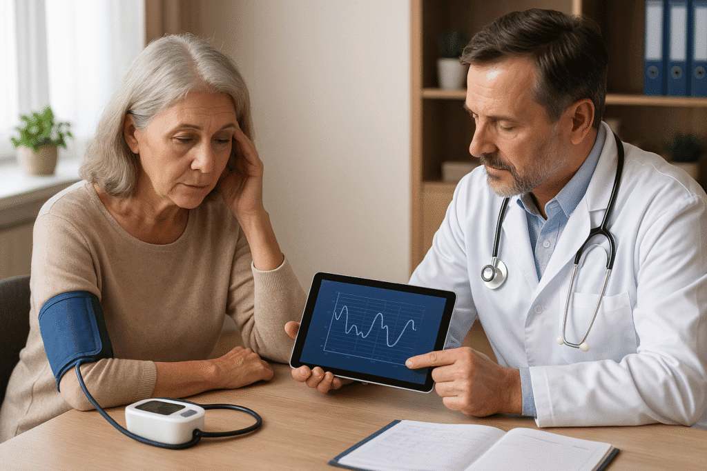 Older woman meeting with a doctor about sleep health; doctor shows a sleep graph on a tablet while a blood pressure monitor rests on the desk.
