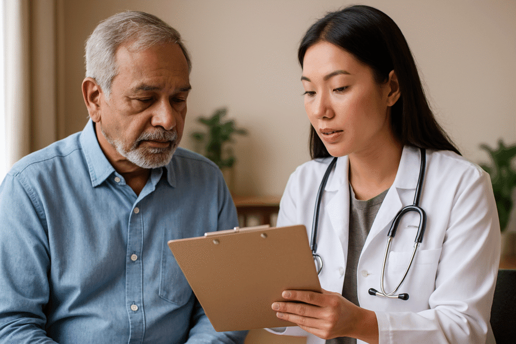 Older South Asian man meeting with a female doctor, reviewing notes on a clipboard during a sleep health visit in a bright clinic.