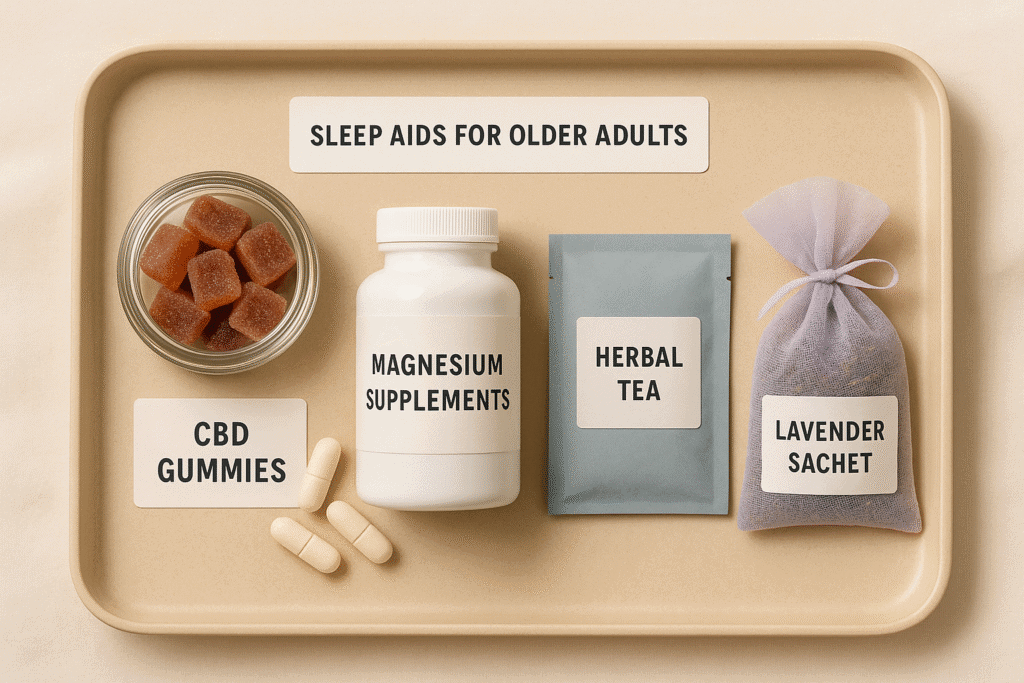 Tray displaying sleep aids for older adults, including CBD gummies, magnesium supplements, herbal tea, and a lavender sachet.