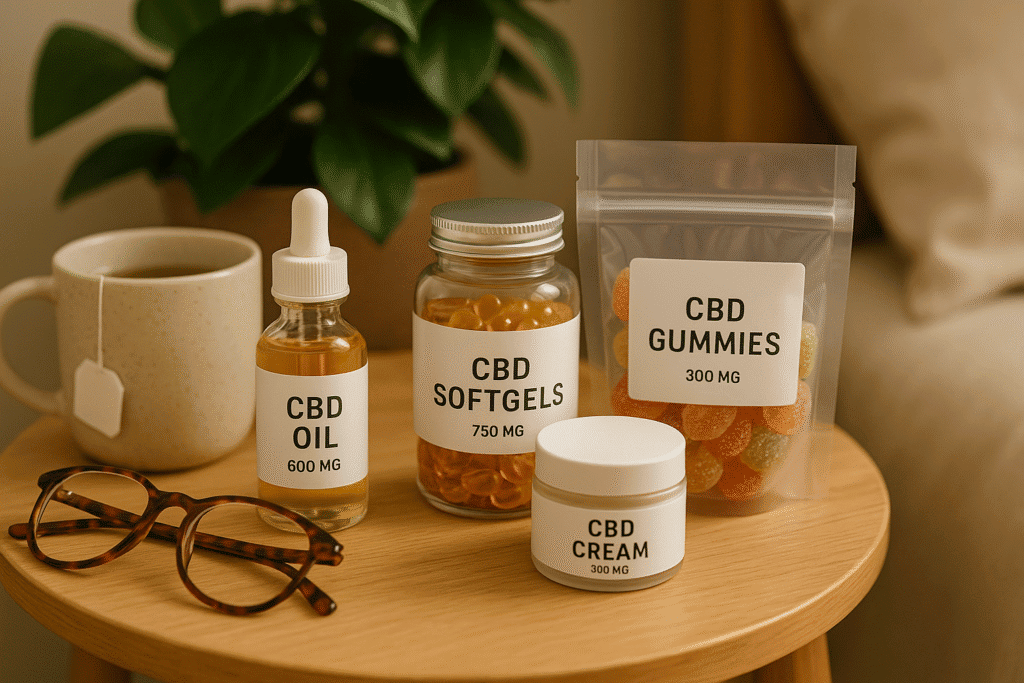 Tray with assorted CBD products—oil, softgels, gummies, and cream—beside reading glasses and a mug.
