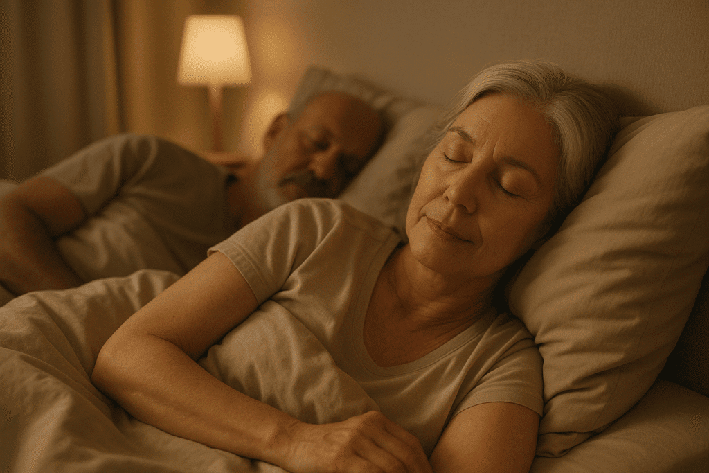 Older couple sleeping peacefully in a warmly lit bedroom.