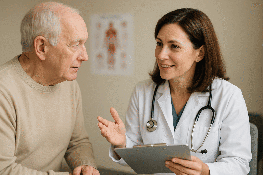 Senior man speaking with doctor about melatonin use.