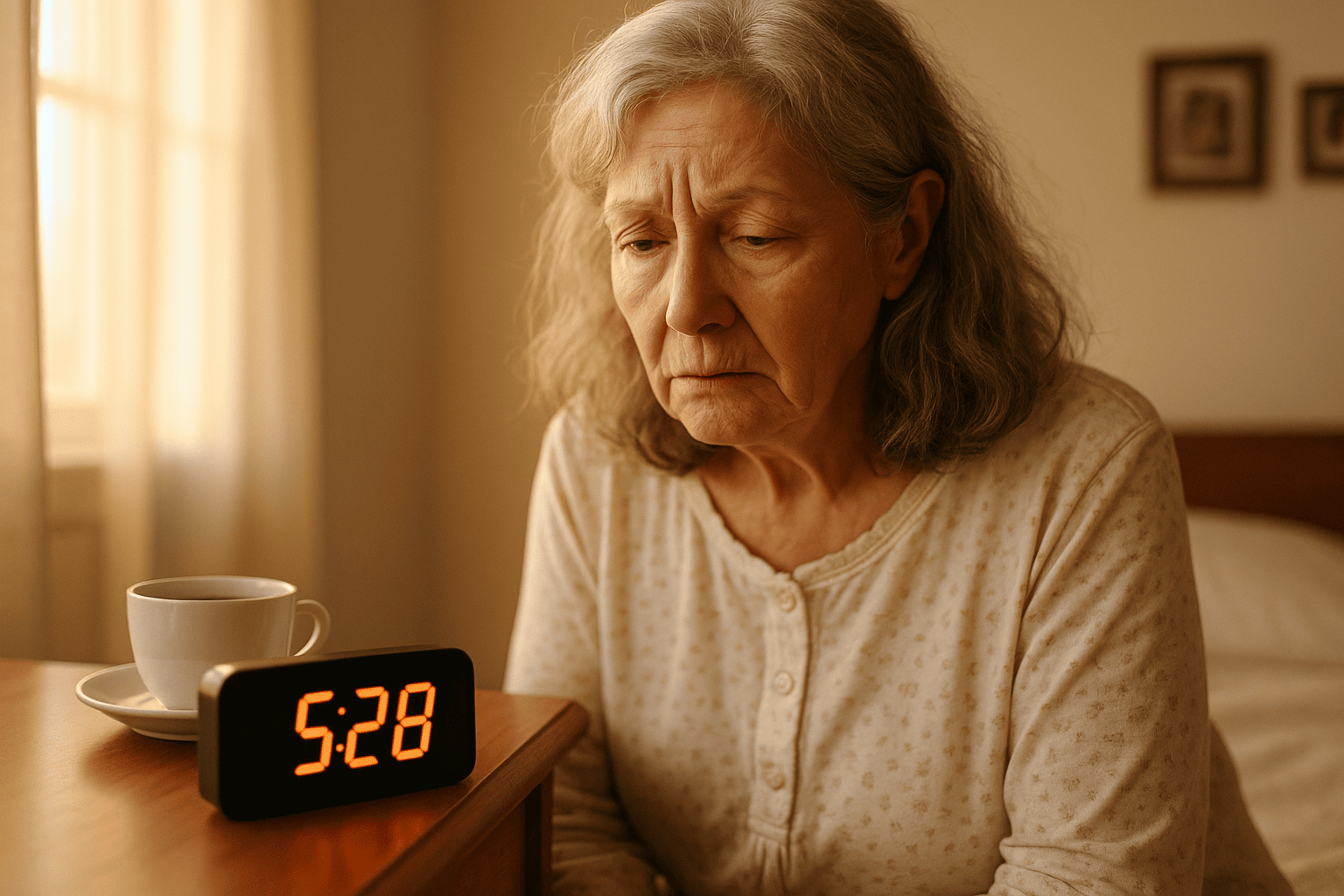 Older woman with long silver hair sitting on the edge of her bed in the early morning light, looking tired beside an alarm clock reading 5:28.