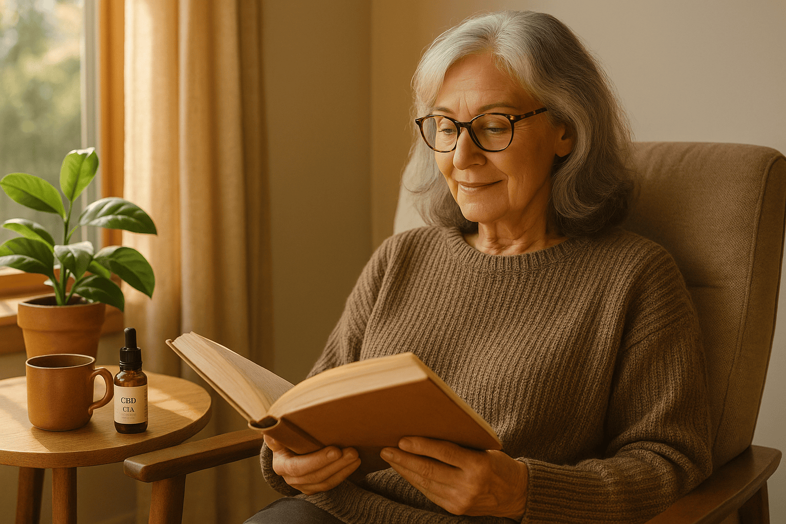 Older woman with silvery hair and glasses sitting in a chair reading a book near a small table with a coffee mug and essential oil diffuser.
