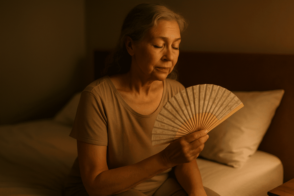Older woman cooling herself with a handheld fan while sitting in bed