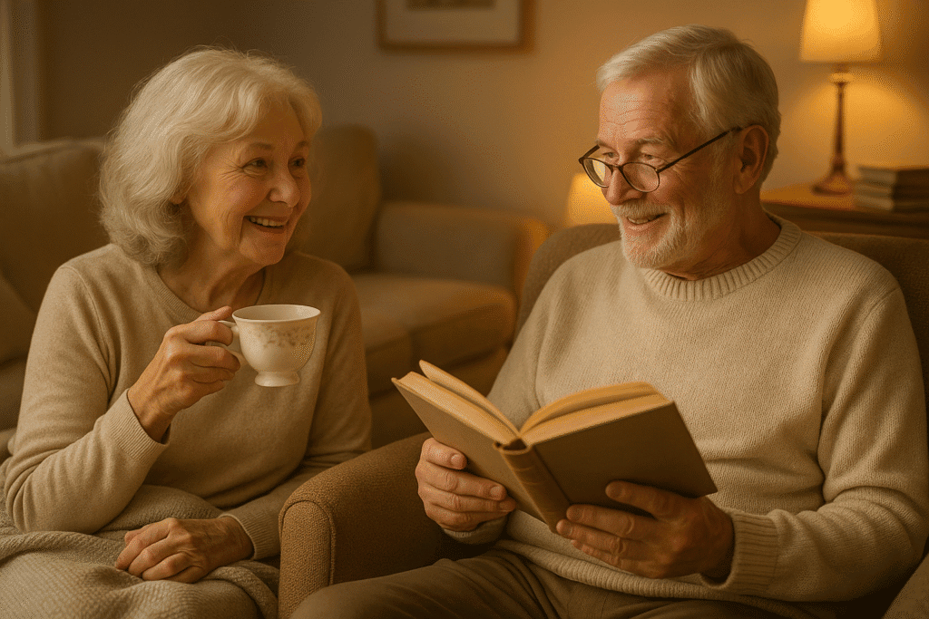 Older couple relaxing in a warm living room during evening wind-down.