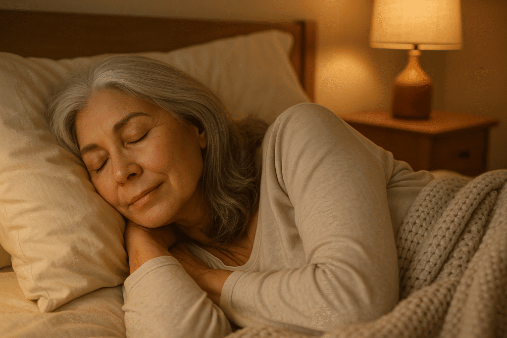 Older woman with silver-gray hair peacefully sleeping in a softly lit bedroom at night