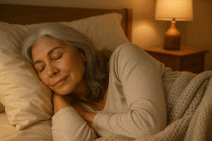 Older woman with silver-gray hair peacefully sleeping in a softly lit bedroom at night
