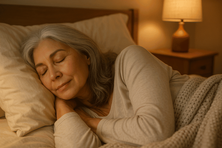 Older woman with silver-gray hair peacefully sleeping in a softly lit bedroom at night