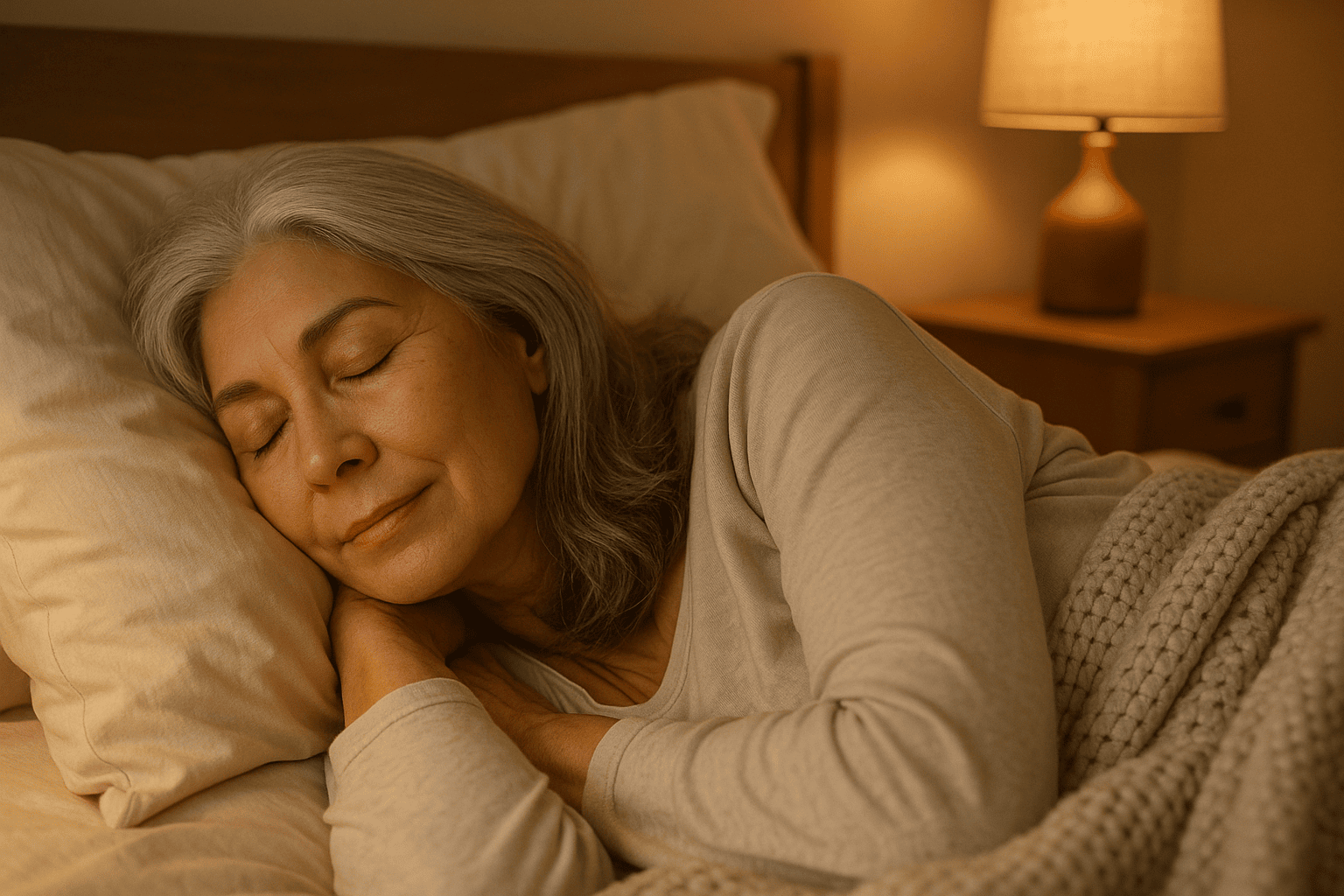 Older woman with silver-gray hair peacefully sleeping in a softly lit bedroom at night