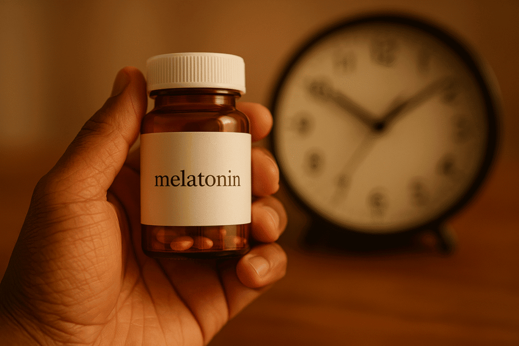 Hand holding melatonin bottle with clock showing evening time.