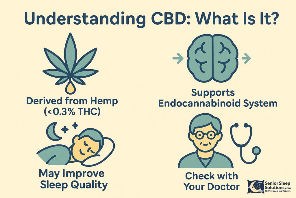 Infographic explaining CBD basics for seniors: hemp leaf with droplet, brain with arrows, sleeping person, and senior with stethoscope, highlighting CBD’s role in sleep and wellness.