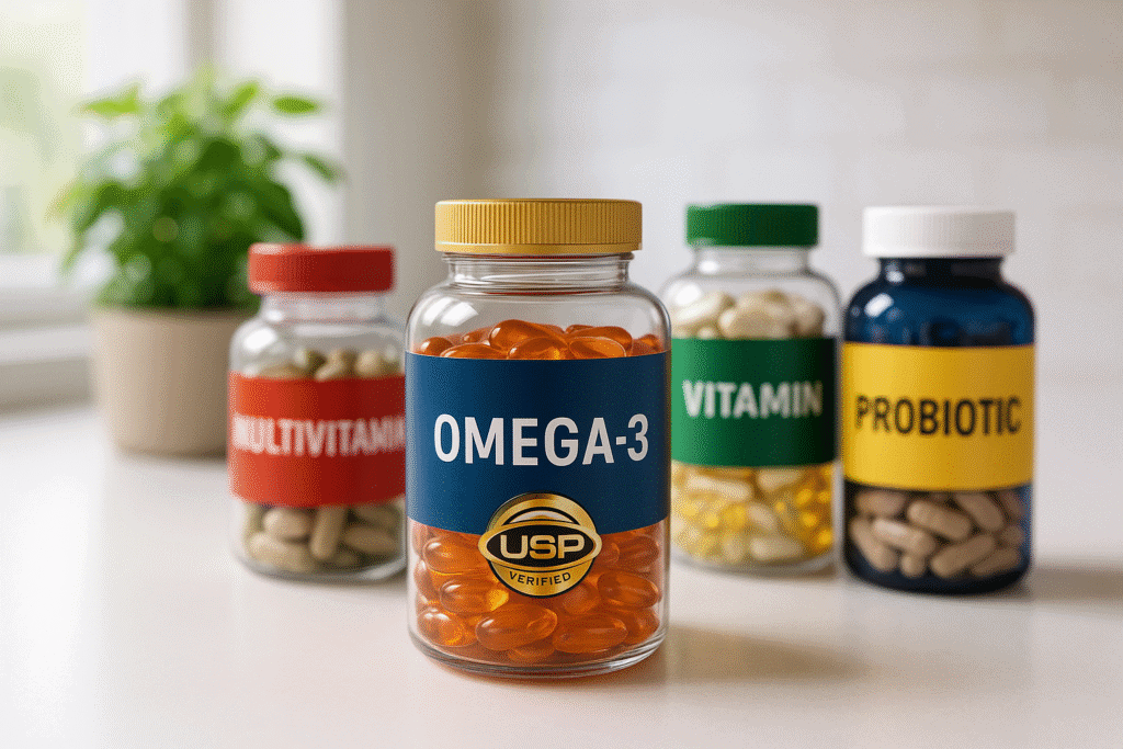 Supplement bottles with USP Verified seal.