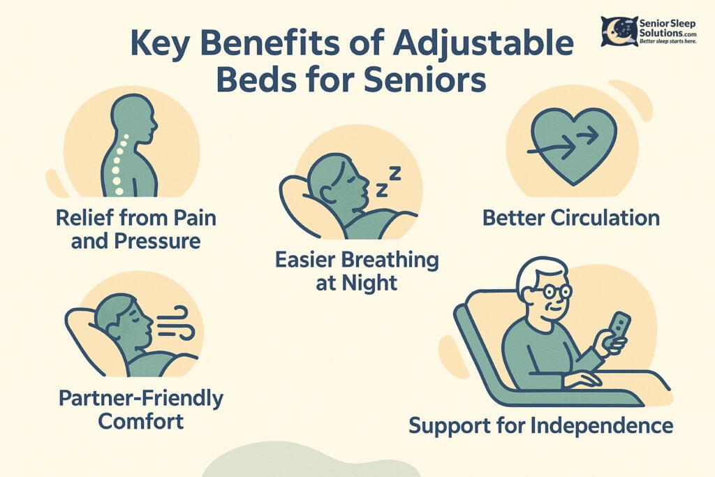 Infographic showing the key benefits of adjustable beds for seniors, including relief from pain and pressure, better circulation, easier breathing at night, partner-friendly comfort, and support for independence.