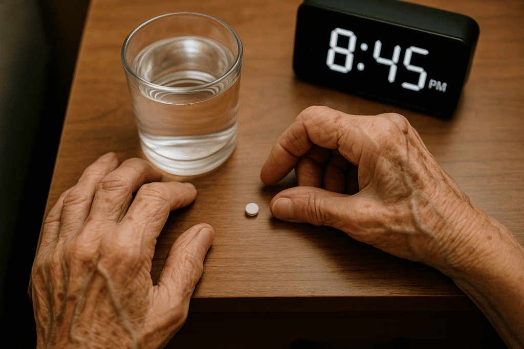Senior placing a small melatonin pill on nightstand.