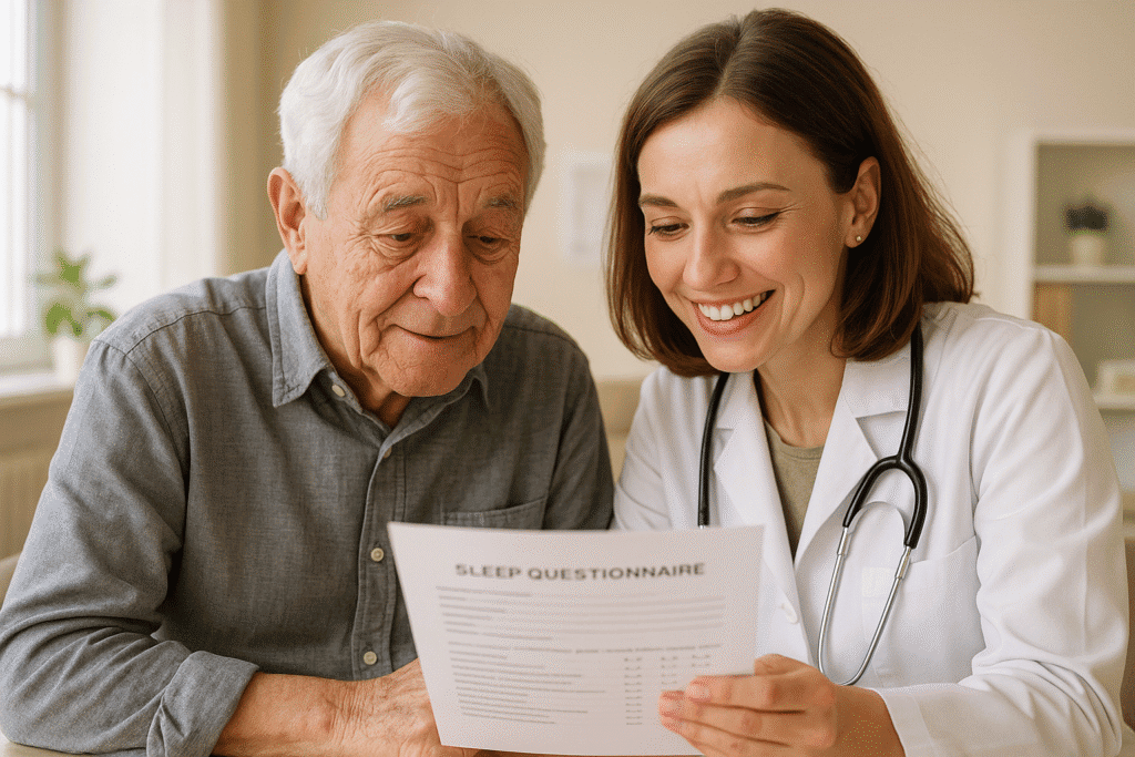 Doctor reviewing a sleep questionnaire with a senior man, discussing trouble sleeping in older adults.