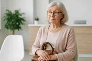 Senior woman in her late 60s sitting in a doctor’s office waiting room, holding a handbag and looking thoughtful