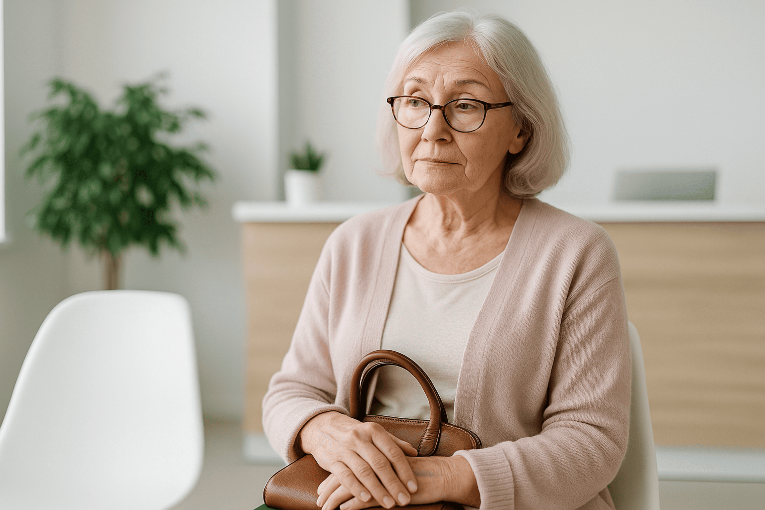 Senior woman in her late 60s sitting in a doctor’s office waiting room, holding a handbag and looking thoughtful