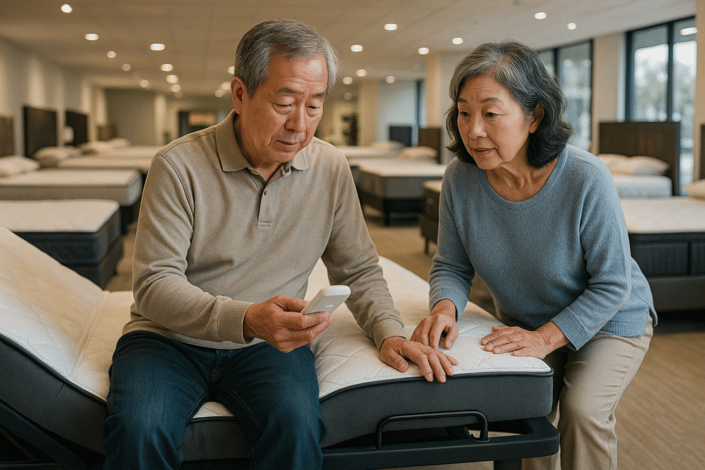 Asian senior couple inspecting an adjustable bed in a mattress showroom, examining the remote control and mattress features.