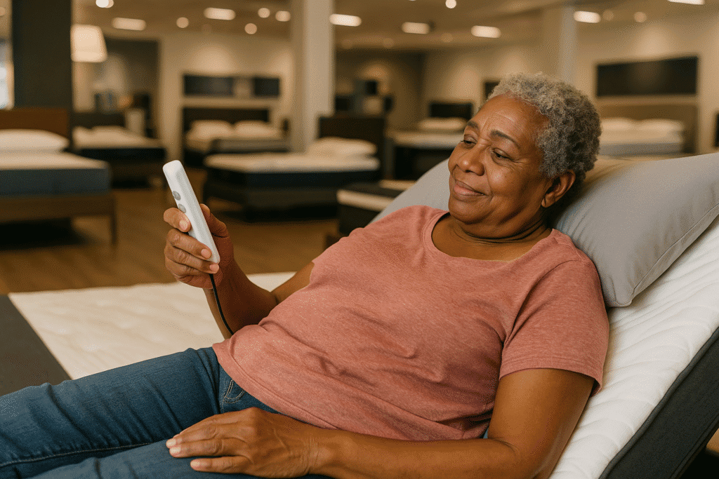 African American senior woman relaxing on an adjustable bed in a mattress showroom, smiling while holding the remote control.