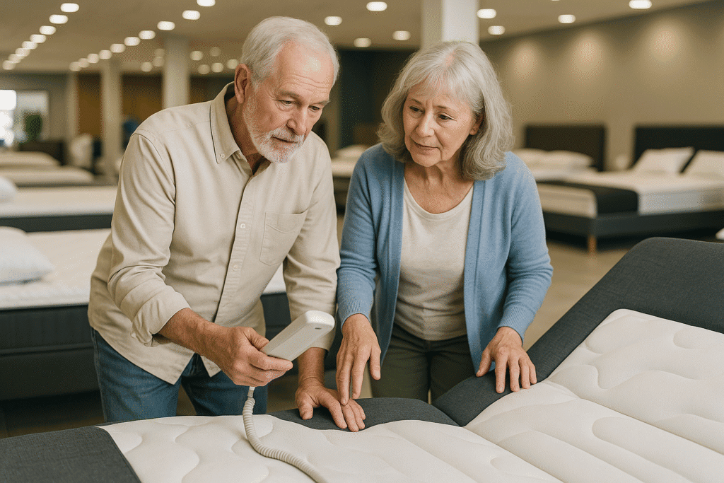 Older couple inspecting an adjustable bed in a mattress store, examining the remote control and mattress features.