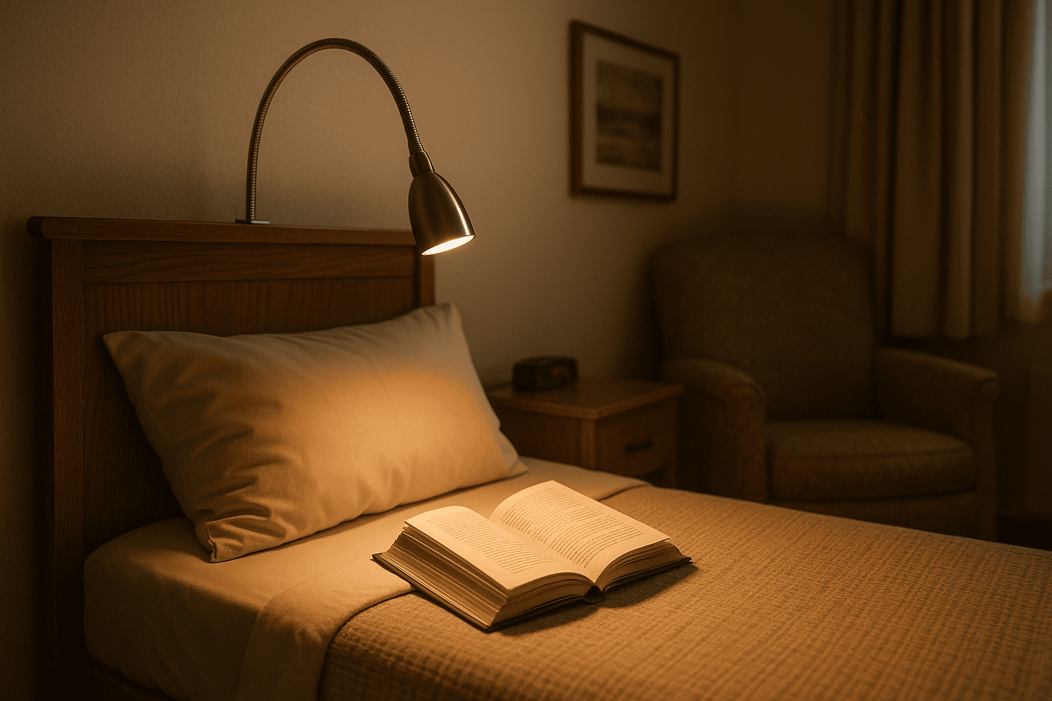 Gooseneck reading lamp illuminating an open book on a neatly made bed