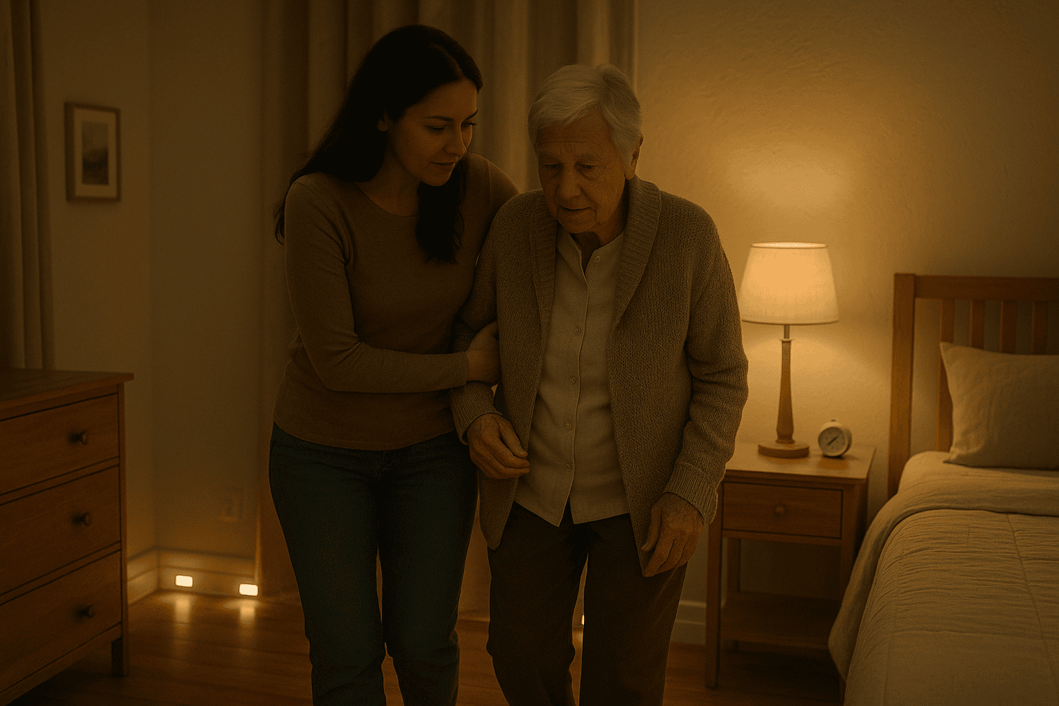 Adult daughter guiding her elderly parent through a softly lit bedroom with night lights