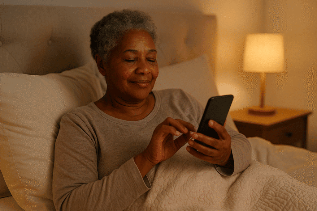Older woman relaxing in bed and using her phone under warm lighting